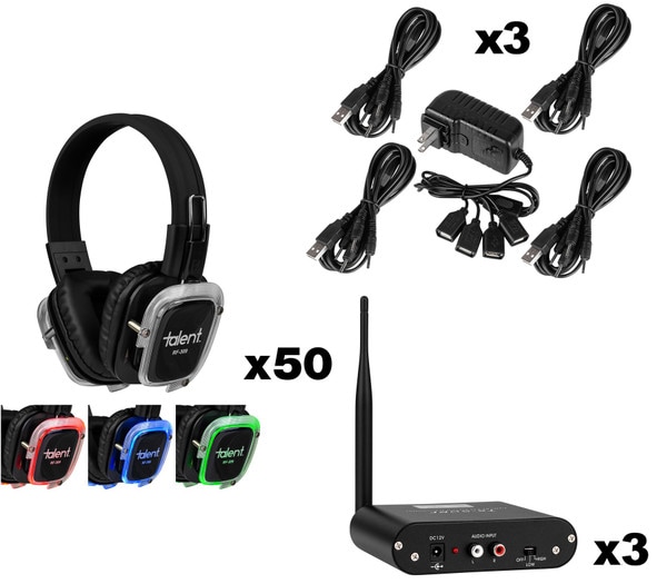 50 Headphones, 3 Transmitters bundle image